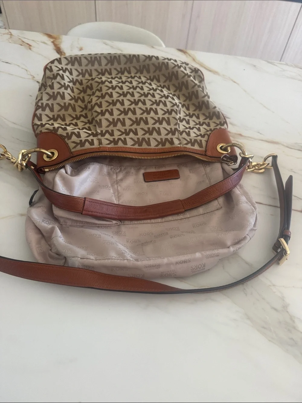Michael Kors Beige and Brown MK Monogram Crossbody Bag